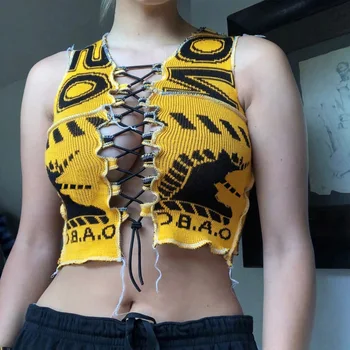 

InsGoth Sexy Bandage Bodycon Yellow Camis Women Streetwear Punk Sleeveless Crop Tank Tops Hollow Out Lace Up Tanks Summer Party