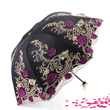 

Rain Lace Flower Umbrella Rain Women Folding Double Layer Black Coating Anti UV Parasol Female DIY Wedding Umbrellas