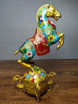 

Home Decor 9" Tibet Buddhism Temple Old bronze Gilt Cloisonne Horse statue Horse treads on the universe Zhaocai Town House