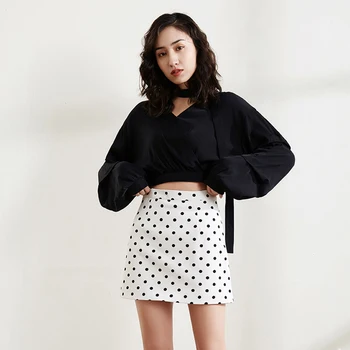 

Vintage Wave Point Pattern Short Women's Skirts High Street Black Female Clothes Spring Casual Office Lady Dot A Line Skirts