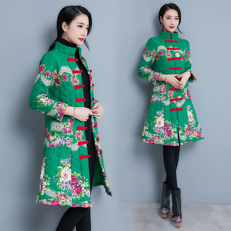 Autumn And Winter New Style Ethnic-Style Large Size Dress Frog Waist Hugging Slimming Mid-length Printed Cotton-padded Clot