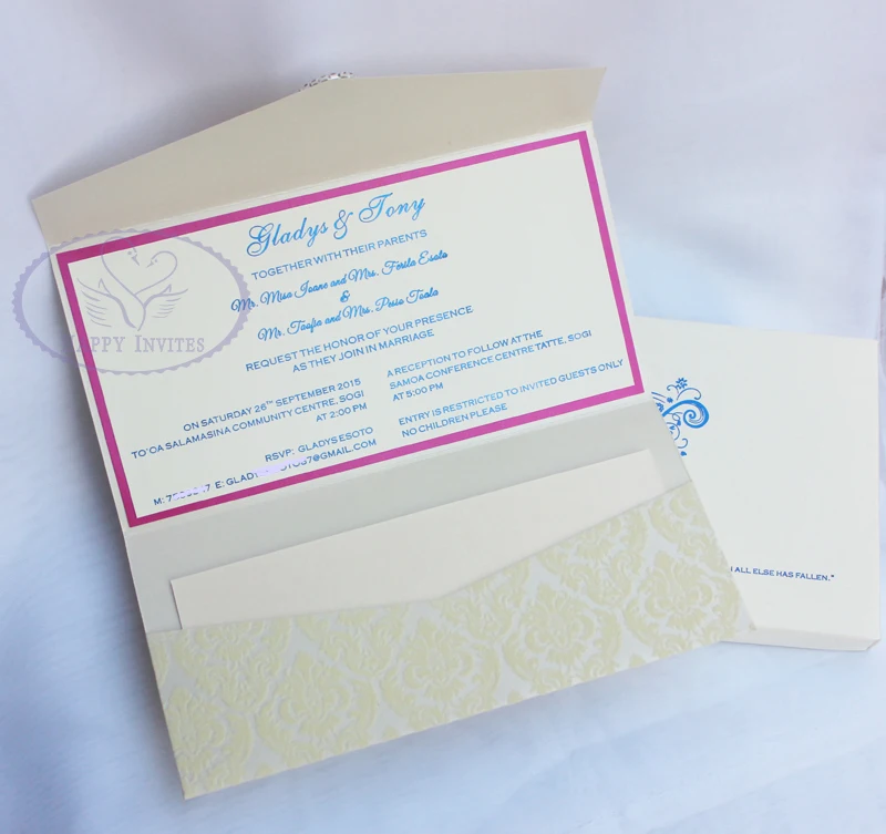HI6009-29 Customized Ivory Wedding Card with Blue Foil Writing with Paper Box More Colors Available