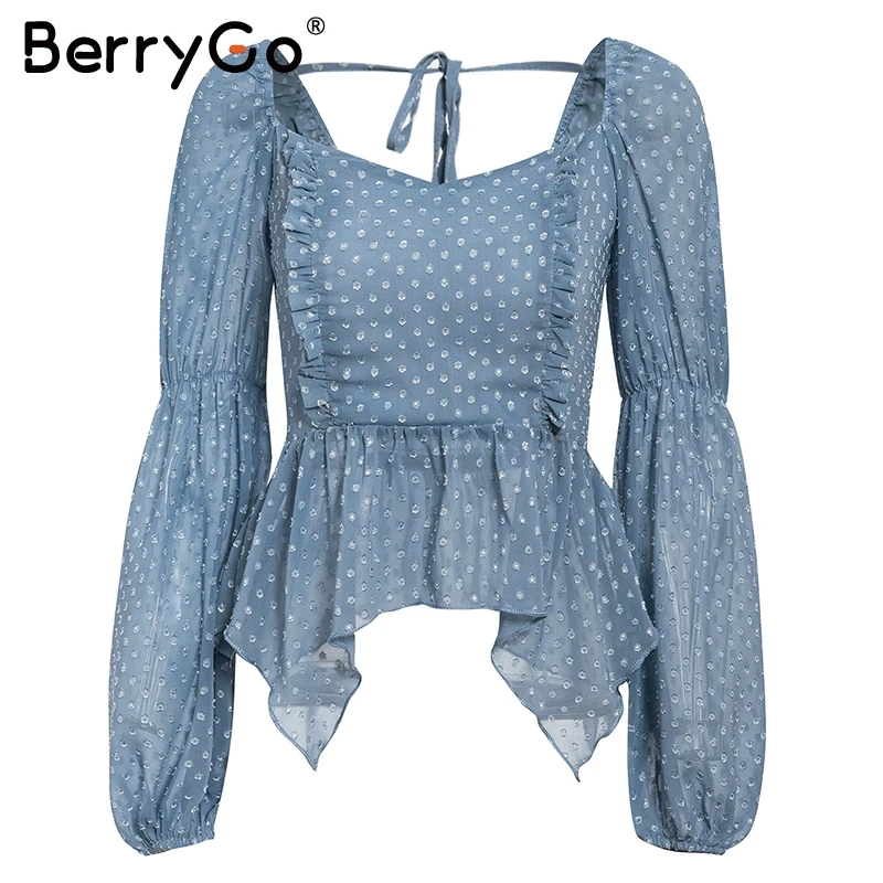 BerryGo, сексуальная шифоновая блузка в горошек с оборками, Женская Повседневная блуза с квадратным воротником и рукавами-фонариками, женская элегантная однотонная Тонкая блузка