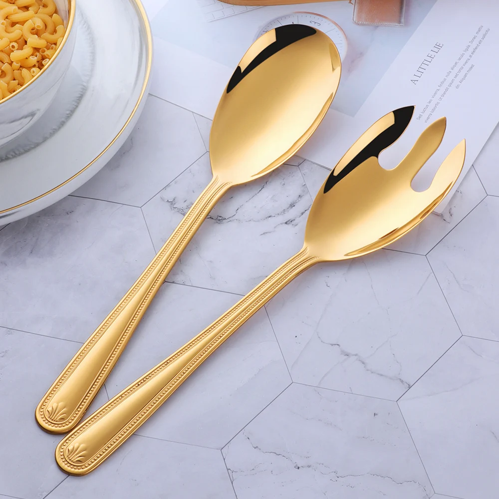 1 Pcs Large Salad Serving Spoon Fork Stainless Steel Cartering Dining Rose Gold Tablespoon Kitchen Utensils 12 Inch