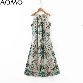 

AOMO fashion women leaf print halter sundress with slash 2020 new arrival Ladies midi Dress Vestidos QB148A