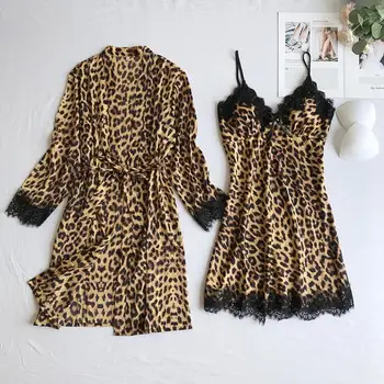 

Leopard Print Bathrobe Set pyjamas women Cardigan Babydoll Nightdress&Bathrobe Set Ladies Bath Robes Nightgown Sexy Sleepwear