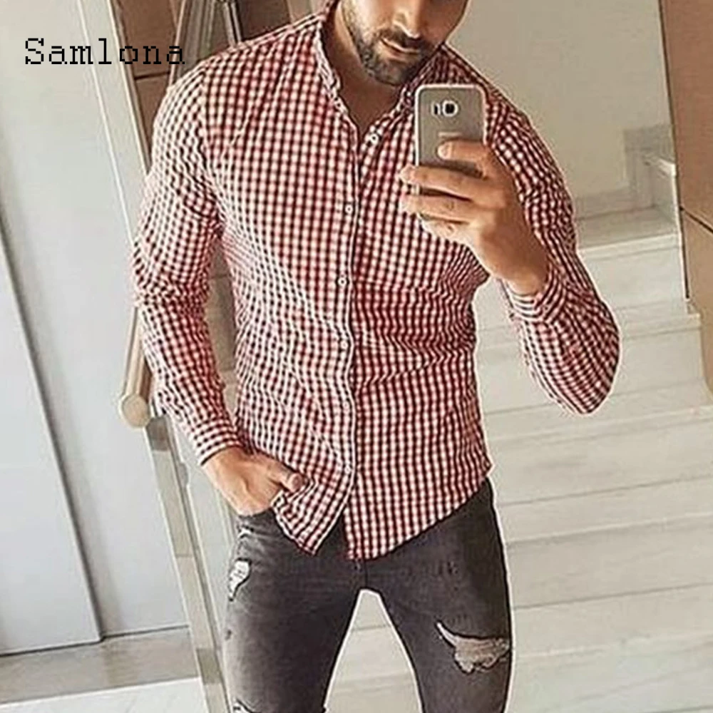 

2020 Fashion Tops Slim Fit Blouses Men clothing Summer Casual Plaid print Tunic Streetwear Long Sleeve Autumn blusas shirt Man