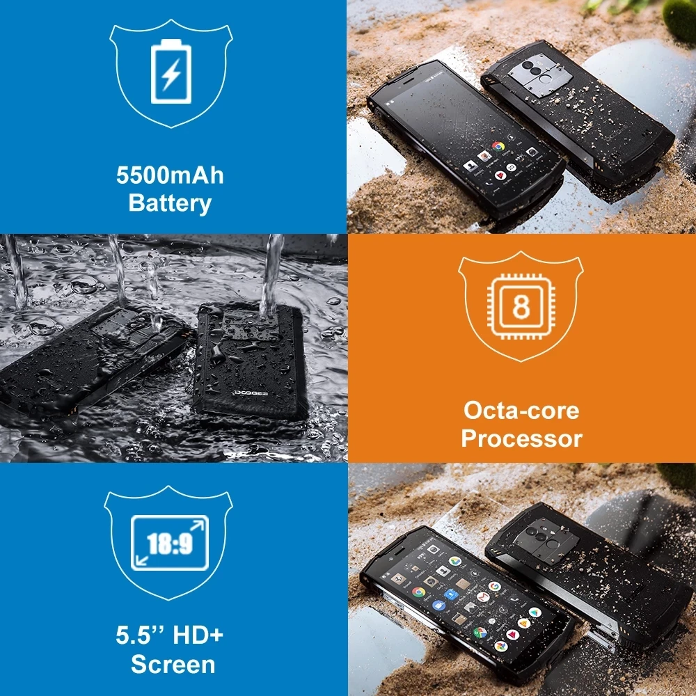 DOOGEE S55 Rugged Smartphone IP68 Waterproof Dustproof 5.5 Inch 4GB RAM 64GB ROM 5500mAh Battery Mobile Phone