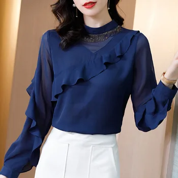 

Autumn New Style Shirt Western Style Chiffon Shirt Long Sleeve Elegant Underwear Thin Top