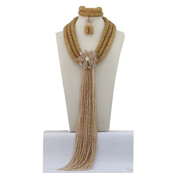 Роскошный Африканский Золотой Кристалл Костюм для женщин комплект ювелирных изделий Модные нигерийские бусы нити ожерелье для свадьбы невесты Вечерние подарок QW220 - Окраска металла: 1
