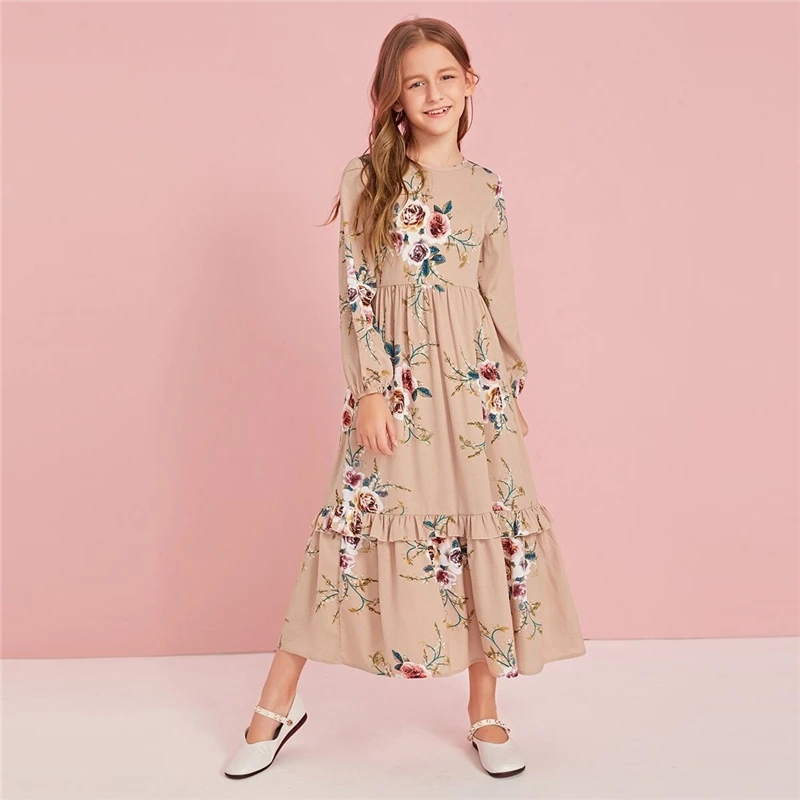 SHEIN Kiddie Khaki Floral Print Tiered Layer Ruffle Hem Boho Dress Kid Autumn Bishop Sleeve Zipper Back Flared Maxi Dresses