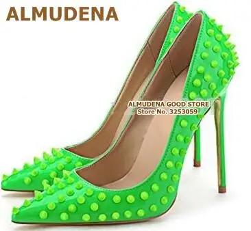 ALMUDENA/низкая цена; новые брендовые туфли-лодочки на высоком каблуке с заклепками; распродажа; свадебные туфли с шипами розового, красного, золотистого и телесного цвета на высоком каблуке 12 см - Цвет: green 12cm heel
