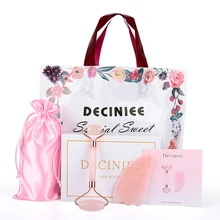 Deciniee rosa quartzo jade rolo gua sha conjunto de emagrecimento rosto massageador rolo levantamento facial jade natural rolo com caixa de saco de presente
