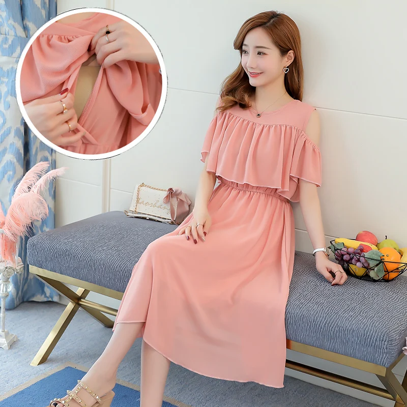

2024 summer ruffles collar fashion chiffon breastfeeding clothes postpartum hot selling nursing dress maternity lactation shirts