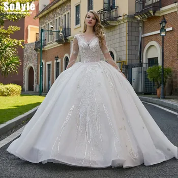 شراءSoAyle #29781 الملكي فستان بأكمام طويلة وطويلة ذيل فستان الزفاف تركيا ثوب زفاف فاخر بالإضافة إلى حجم Vestidos De Novia