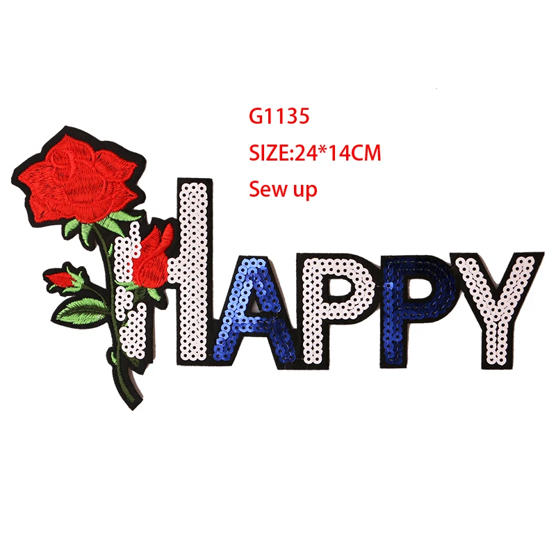 Счастливые с розами значки блесток Икона вышитая железная нашивка для одежды DIY полосатая одежда Лоскутные наклейки пользовательские значки - Цвет: G1135