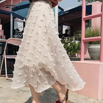 

2020 Autumn Casual Skirt Elastic High Waist Skirts Korean A Line Skirt Solid Graceful Mesh Chiffon Midi Skirts Jupe Femme 10010