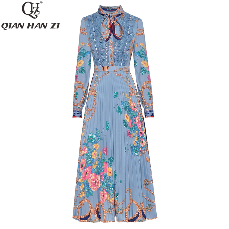 Qian Han Zi Designer Runway Fashion Summer Dress 2020 women Long Sleeve Lace Flower Print Elegant Pleated Party Mid-Calf | Женская
