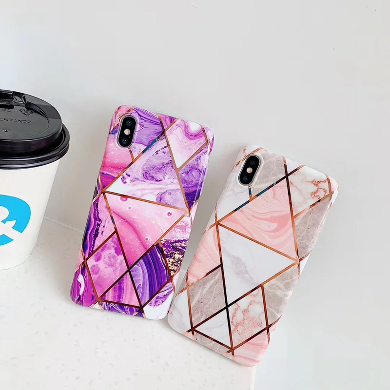 

Fashion Glossy Plating Soft TPU Case For iPhone X XR XS MAX 11 Pro Geometric Patterns IMD Back Cover For iPhone 8 7 6 6s Plus