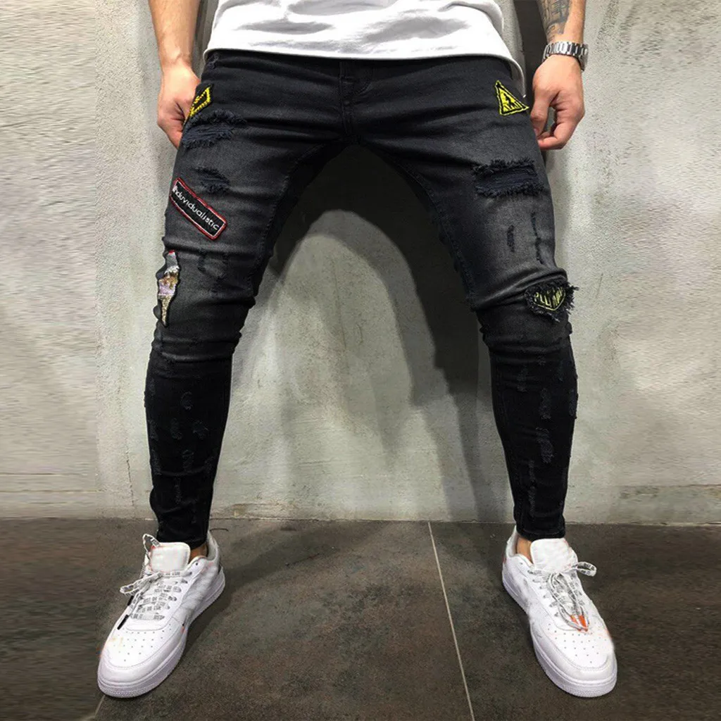 Мужские брюки модные мужские Стрейчевые джинсы 2019 тонкие с дырками потертые ноги