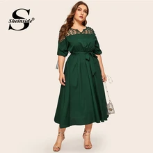 Sheinside плюс Размеры V Neck контраст Сетчатое платье Для женщин Элегантный манжеты на шнуровке длинное кружевное платье с v-образным вырезом на спине лето с рукавом до локтя миди платье