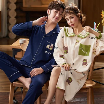 

XIZOU Couple vest sleepware suit women Autumn pajamas Cotton plus Size Men Pyjamas female male Nightwear Pijama Mujer Homewear