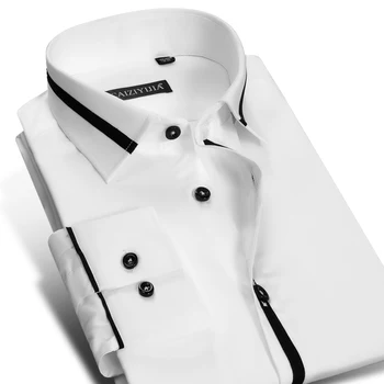 

Men's Long Sleeve White Dress Shirts Contrast Placket with Black Piping Easy Care Pure Cotton Standard-fit Work Casual Shirt