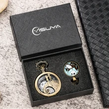 Retro Bronze /black Quartz Pocket Watch Gifts Set for Men Women with Box Quartz Pendant Watches Necklace Clock Reloj Hombre