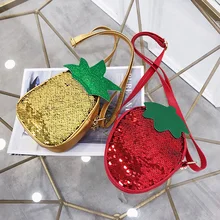 Детские сумки через плечо с блестками, клубничкой, ананасом, для девочек, искусственная кожа, сумка через плечо, круглые маленькие сумки-мессенджеры