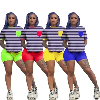 

Women Two Pieces Sets Summer Tracksuits O-Neck Striped Print Tops+Jogger Shorts Leggings Sexy Suit