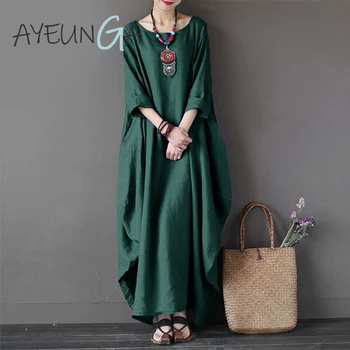 

AYEUNGA Womens O Neck Long Sleeve Kaftan Maxi Dress Summer Spring Cotton Linen Gown Robe Dresses Plus Size Large Size Dresses