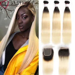 Ombre Honey Blonde Brazilian Remy Straight Hair Bundles With Closure 4x4 Human Hair Bundles With Lace Closure 1b/613 EUPHORIA