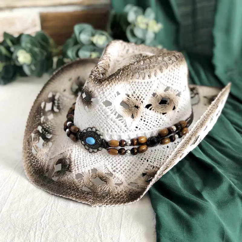 Natural Straw Cowboy Hat Women Men Handmade Weave Cowboy Hats Beach Hat Women Sun Hat for Lady Tassel Summer Western Sombrero Hombre Lifeguard Hats