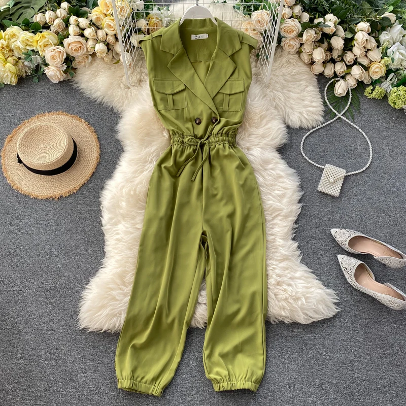 Streetwear Commuting Overalls Female Jumpsuit Summer 2020 Vintage Tooling Pockets Tie-Waist Slim jumpsuit Women Bodysuit rompers