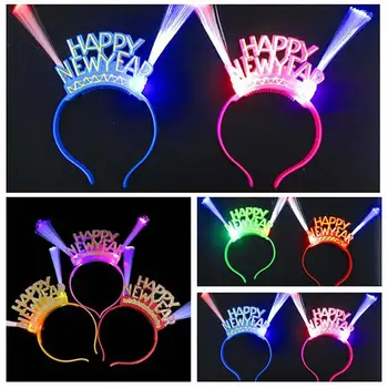 

Light Up LED Fiber Optic Ear Hair Hoop Glitter Happy New Year Letters Applique Flashing Light Headband Christmas Party