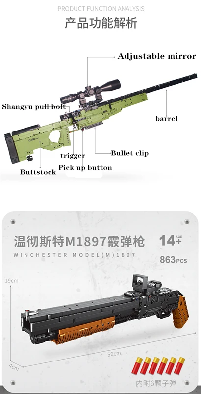 Военная техника Technic серии пушки блоки могут пули набор AWM Винчестер M1897 DIY модели строительные блоки игрушки для мальчиков