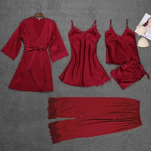 Pink Female Bride Bridesmaid Wedding Robe Sexy 2PCS Robe Set Classic Belt Sleepwear Nightgown Lace Patchwork Intimate Lingerie - Color: Burgundy 5PCS