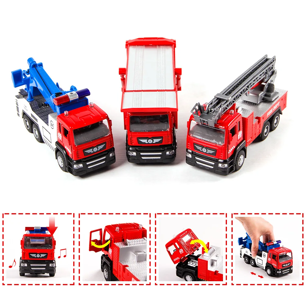 

KIDAMI 3-Pack Push Pull Back Vehicles Set with Lights and Sounds Car Toys for kidsFire Truck, Tow Truck, Carrier Truck