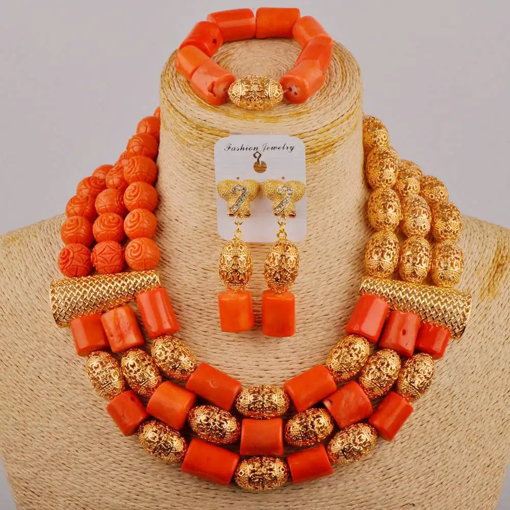 

Orange Nigerian Coral Beads African Jewelry Set Dubai Gold Coral Wedding Bridal Set