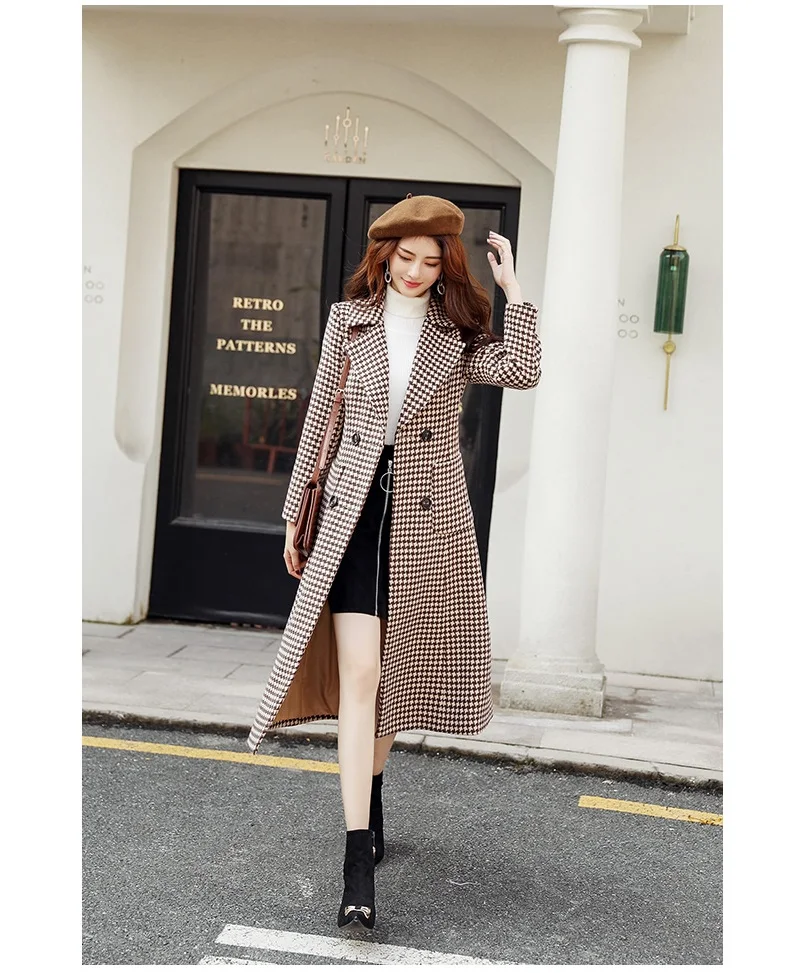 Houndstooth шерстяное пальто Женская средней длины Зима Новая мода утолщение шотландская шерстяная ветровка пальто женская одежда
