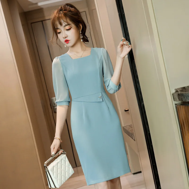 Fashion Elegant Blue OL Styles Women Dresses Half Sleeve Spring Summer Business Work Wear Ladies Beauty Salon Vestidos Clothes 1