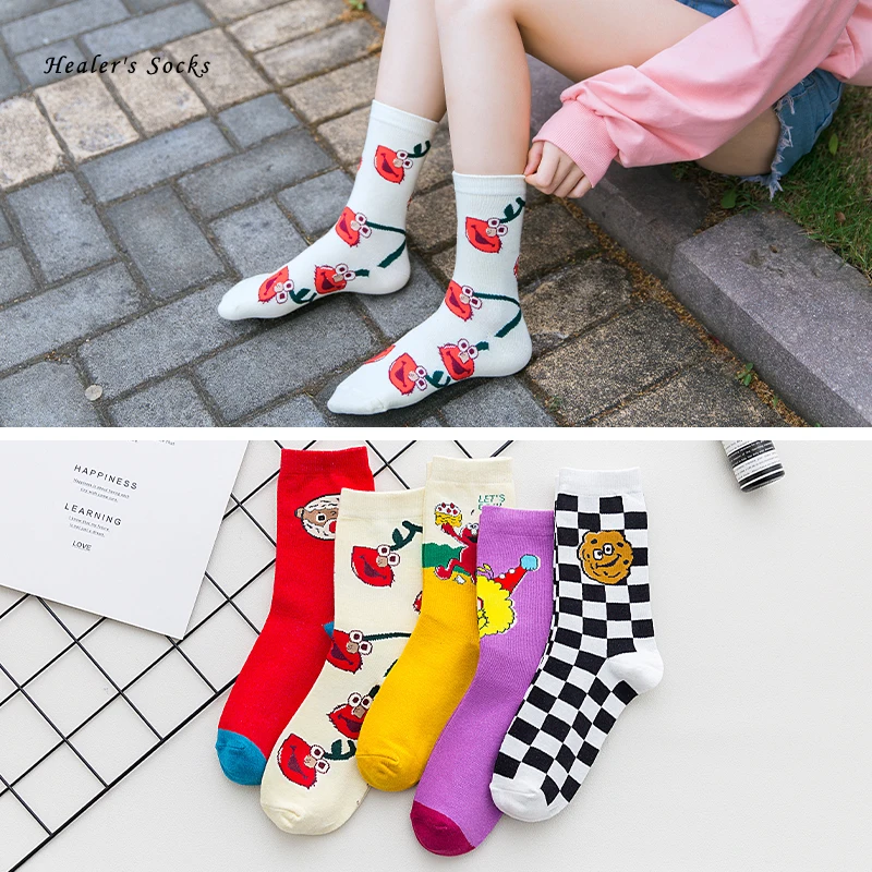 

2020 New Fashion Women Socks Cotton Color Sesame Street Harajuku Skateboard Cute Funny Happy Hip Hop Classic Girls Tube Socks