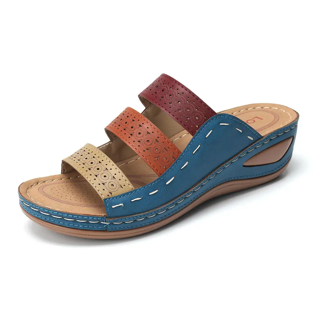 Летние шлепанцы; женская обувь; Повседневная разноцветная обувь на низкой танкетке; Босоножки с открытым носком; тапочки; buty damskie - Цвет: blue