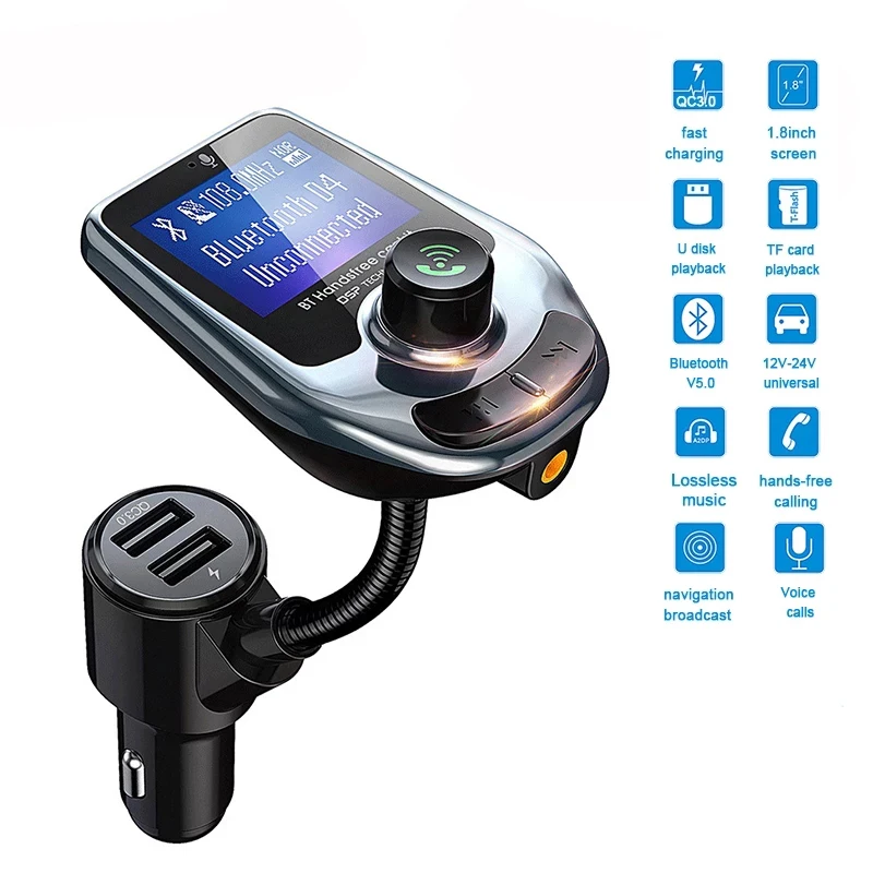 Konrisa QC3.0 Fast Charger Car Bluetooth FM Transmitter AUX Output Dual USB Port Suopprt U disk / TF Card lossless Music | Автомобили и