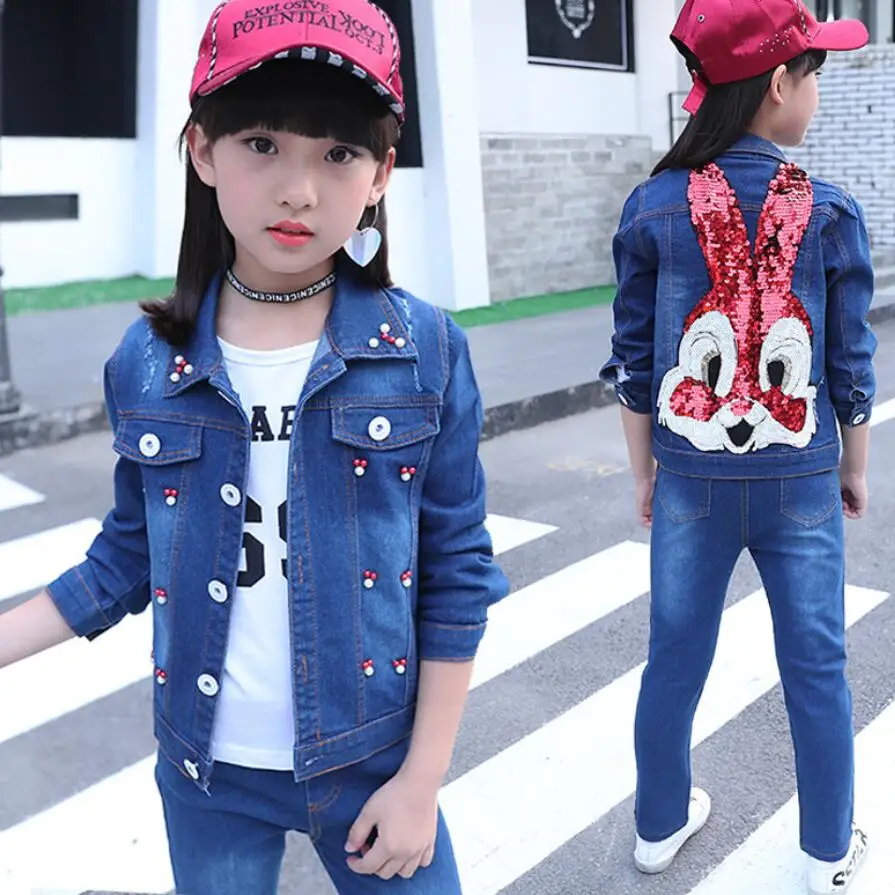 

baby boys girls customing set 3-13T kids spring fashinable denim clothes sets warm jacket for girls boys jeans coat+trousers/set