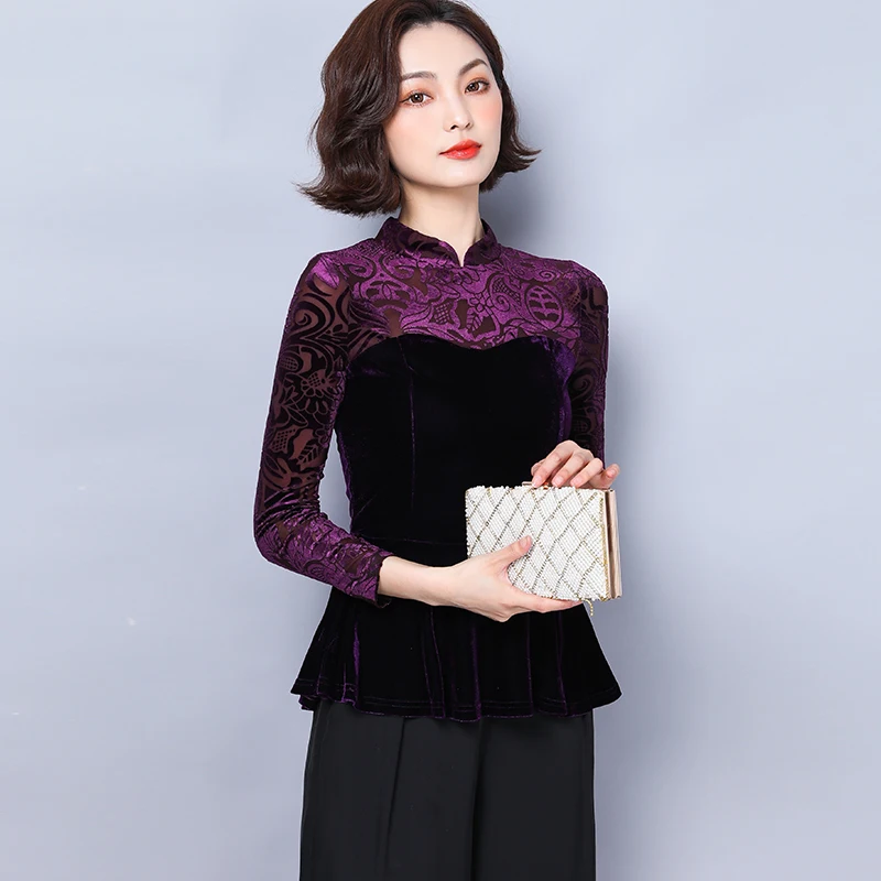  2019 New Autumn Vintage Women Shirts Mandarin Collar Pleuche Chinese Wind Blouse Shirt Sapphire Pur