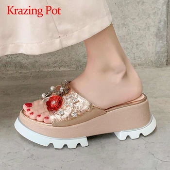 

Krazing pot gladiator appliques flowers sweet pearl peep toe high heel summer shoes slip on beauty lady maiden sandals women L20