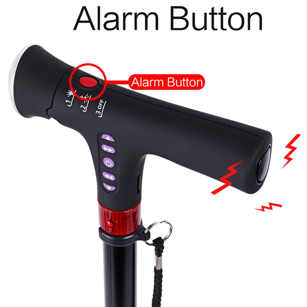 Adjustable Aluminium Walk Stick Cane With LED Light & Alarm And MP3 Player/Radio Recharge Ergonomics Handle Anti Slip Rubber Tip
