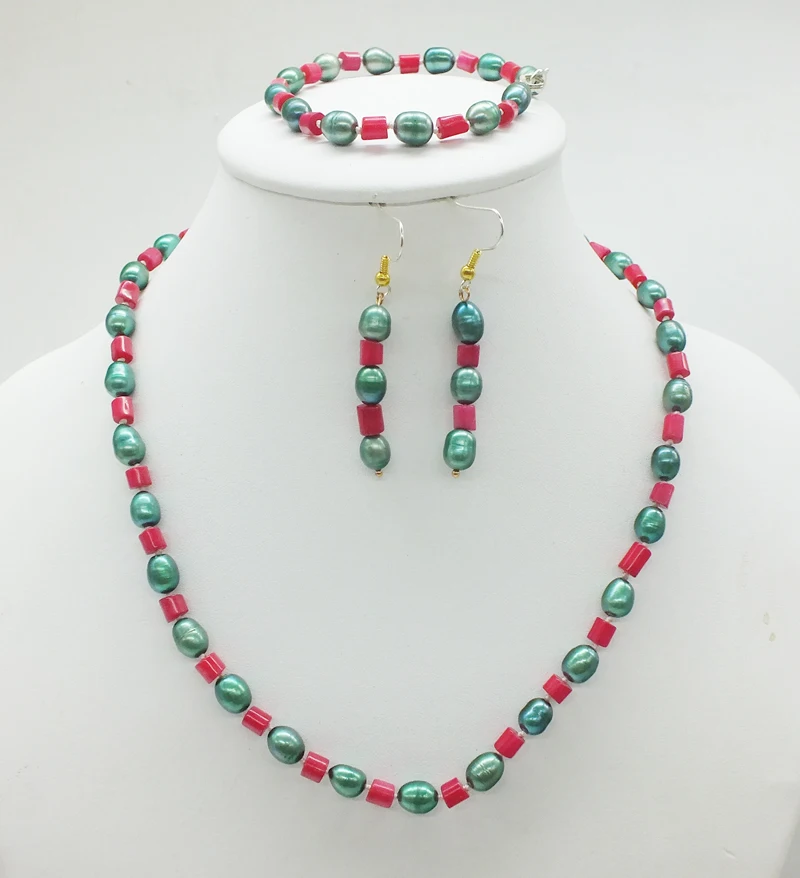 Wholesale 2 sets ! 7MM natural pearl and coral necklace. Bracelets, earrings, very classic bridesmaid necklace set