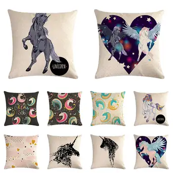 

Cartoon romantic Unicorn horse cushion cover pink white black pillow cover linen car chair sofa fashion decoration 45x45cm